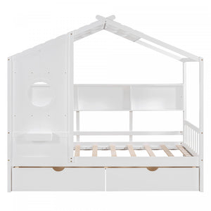 Jeames Wood House Bed with 2 Storage Drawers and Shelf,Twin Size - White