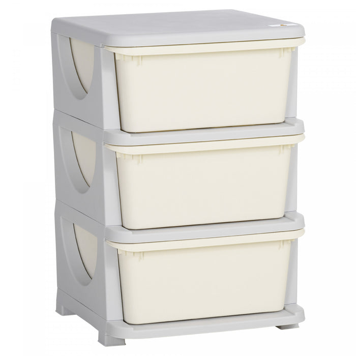 Qaba Kids Toy Storage Organizer With 3 Plastic Bins, 3 Tier Drawer Chest Utility For Kids Bedroom Nursery Kindergarten Living Room For Boys Girls Toddlers, Cream White