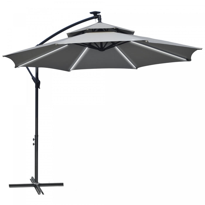 Outsunny 10ft Solar Powered Patio Umbrella With Crank And Base, Light Grey