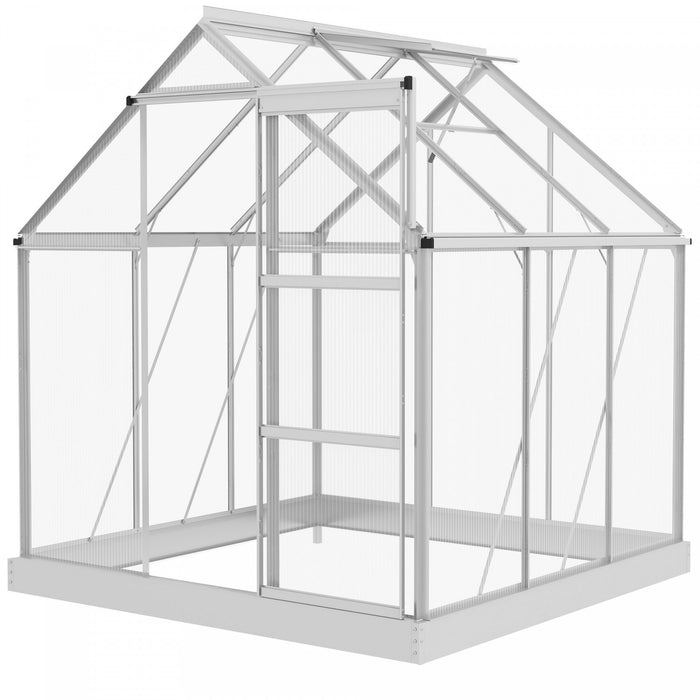 Outsunny 6' x 4' Polycarbonate Greenhouse, Walk-In Greenhouse with Sliding Door, Adjustable Window, Aluminium Frame and Foundation, Garden Grow House with Rain Gutter, Silver