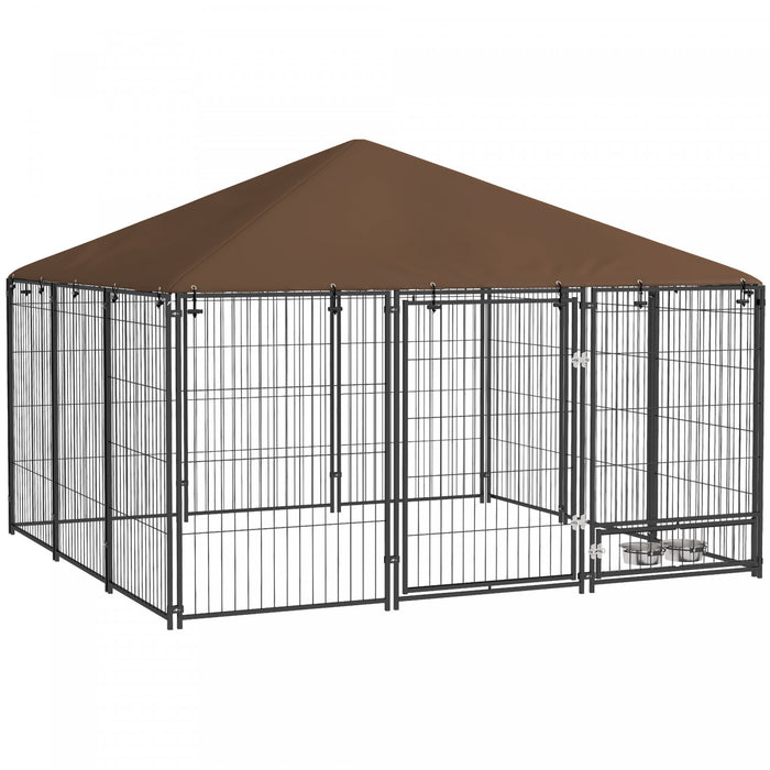 Pawhut Dog Run, 6.9' X 6.9' X 5' Outdoor Dog Kennel With Canopy, Rotating Bowls, Door For Backyard & Garden, Coffee