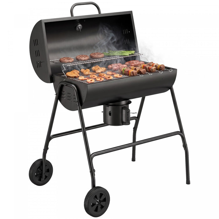 Outsunny Barrel Charcoal BBQ Smoker with 420 sq.in. Cooking Area, Outdoor Barbecue with Wheels, Ash Catcher and Built-in Thermometer for Patio Picnic, Backyard Party, Black