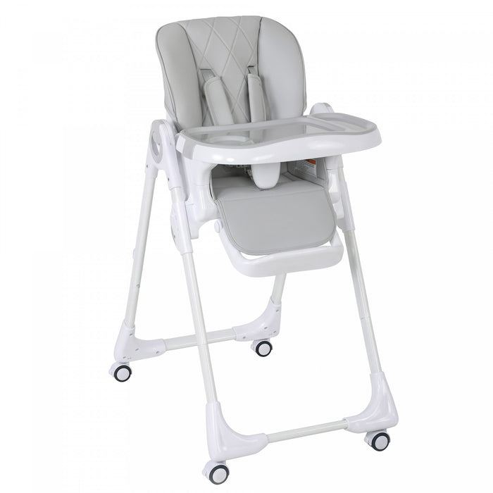 Qaba Baby High Chair, Foldable Dining Booster Seat with Adjustable Seat Height, Backrest, Footrest and Tray, Removable Double Tray, Wheels for Babies 6-36 Months, Light Grey