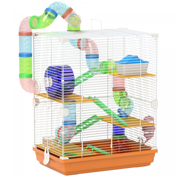 Pawhut 5 Tiers Hamster Cage Portable Animal Travel Carrier Habitat With Exercise Wheels Play Tube Water Bottle Dishes House Ladder For Gerbils, Orange