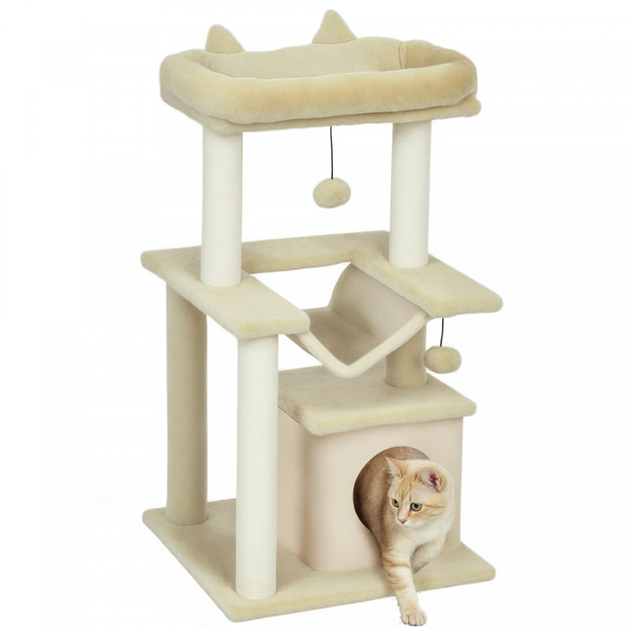 PawHut Cat Tree Tower Multi-Level Kitten House with Scratching Post Condo Hammock Bed Ball Toy - 19 x 19 x 35.5 Inches, Beige