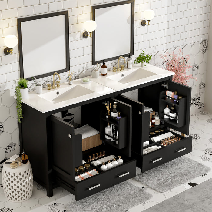 Madeline 60 Inch Double Sink Bathroom Vanity with Ceramic Basins and Smart Storage，Black