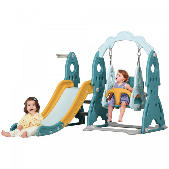 Qaba Kids Slide And Swing Set 3 In 1 Indoor Playground With Basketball Hoop, Adjustable Swing, Climber For Toddler, For Aged 1-3 Years, Light Blue