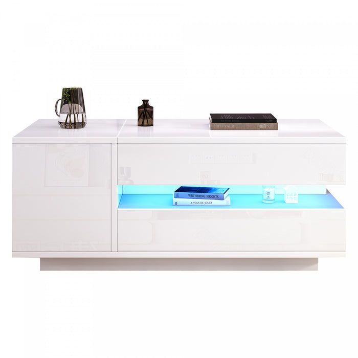 Oliver Height Adjustable Coffee Table with Drawer Cabinet LED Lighting and Storage,White