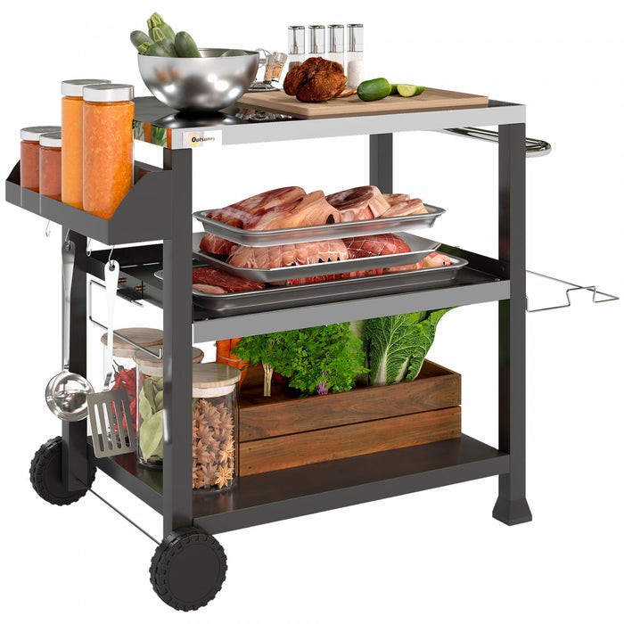 Outsunny 3 Shelf Outdoor Grill Cart with Stainless Steel Tabletop, Side Handle, 32\" x 20.5\" Multifunctional Pizza Oven Stand, Movable Food Prep Table on Wheels, Black