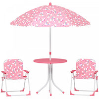 Qaba Kids Picnic Table, Kids Table and Chair Set with 2 Folding Chairs and Removable Umbrella, Unicorn Theme Portable Children Outdoor Furniture for Backyard, Garden, Patio, Pink