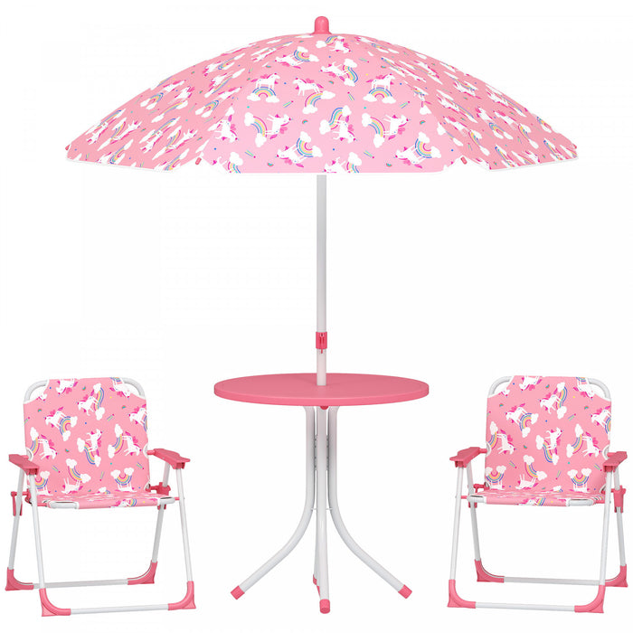 Qaba Kids Picnic Table, Kids Table and Chair Set with 2 Folding Chairs and Removable Umbrella, Unicorn Theme Portable Children Outdoor Furniture for Backyard, Garden, Patio, Pink