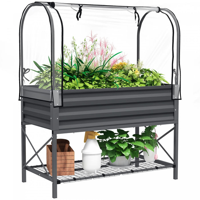 Outsunny Metal Raised Garden Bed with Cover, Dark Grey