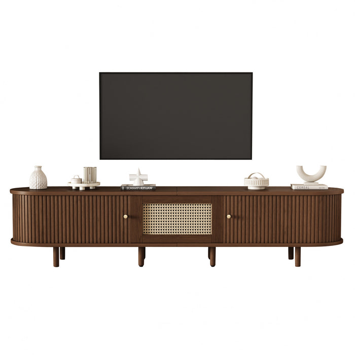 Lucas TV Stand Media Console with Rattan Drawer and Sliding Doors,Dark Oak