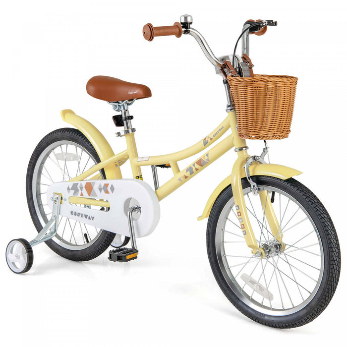 Costway 18\" Kids Bike With Height Adjustable Handlebar Seat Basket Bell Training Wheels Yellow