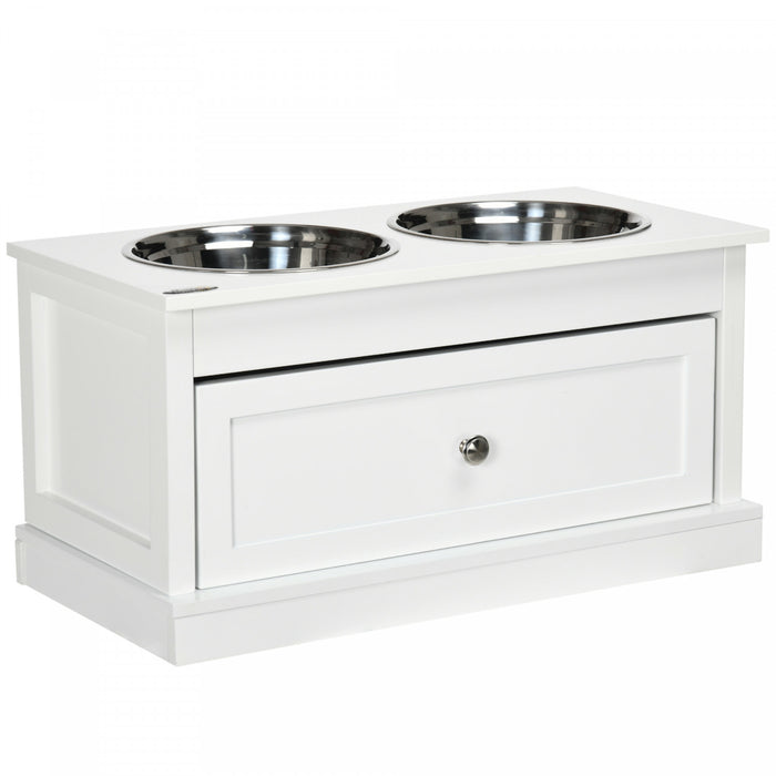 Pawhut Elevated Dog Bowls With Storage Drawer, Raised Dog Bowls With Stand, 2 Stainless Steel Bowls For Large Dogs, White