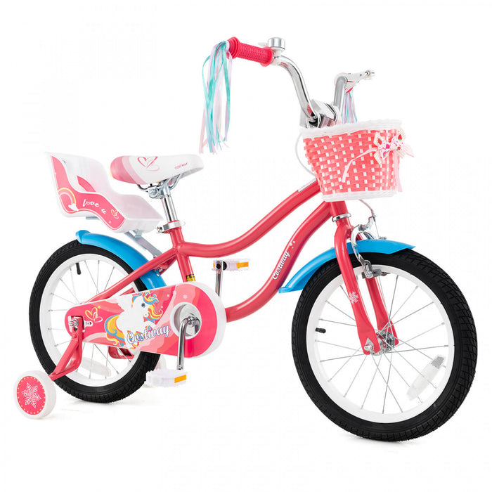Costway 16\" Kids Bike With Basket Doll Seat & Colorful Streamers 2 Training Wheels Pink