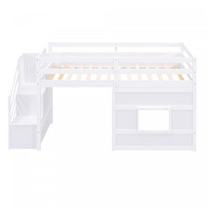 Martin Twin Solid Wood Loft Bed With Storage Stairs, Play Window, Led Light, White