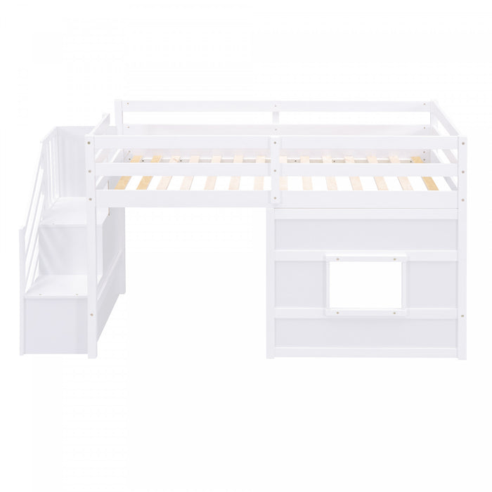 Martin Twin Solid Wood Loft Bed With Storage Stairs, Play Window, Led Light, White