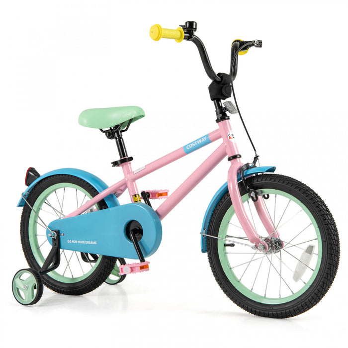 Costway 16\" Kids Bike With Adjustable Saddle Handlebar Removable Training Wheels Handbrake Pink