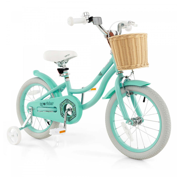 Prorider 16\" Kid's Bike With Training Wheels Adjustable Handlebar Seat Handbrake Green