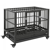 Pawhut Heavy Duty Steel Dog Crate Kennel Pet Cage With Wheels For Portability And A Door For Convenient Access Anti-pinching Floor, 36.2