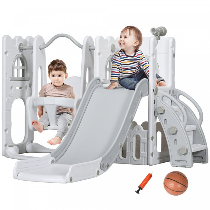 Qaba 6-in-1 Slide And Swing Set With Basketball Hoop, Climber, Baby Swing Set Indoor Playground With Storage Space, Telescope, For Aged 1-3 Years Old, Grey