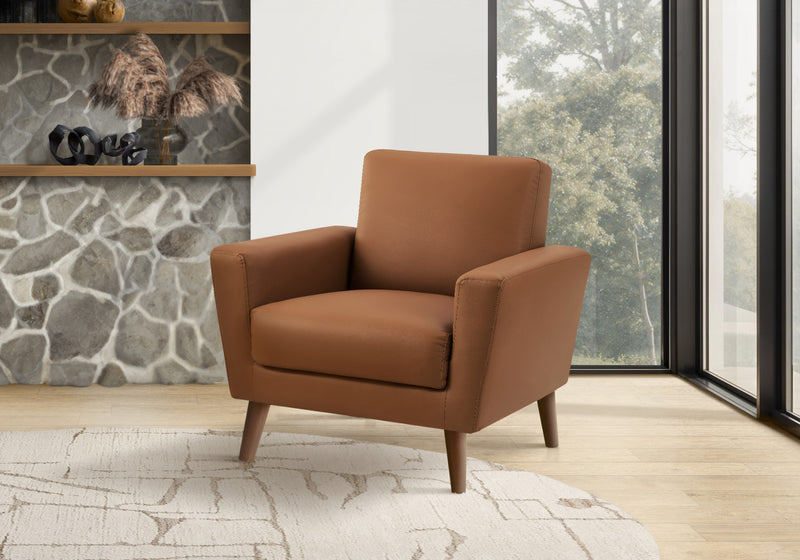 Upholstered Accent Chair, 34\" Wide, Cognac Leather-Look, Walnut Wood Legs, Mid-Century Accent Chair