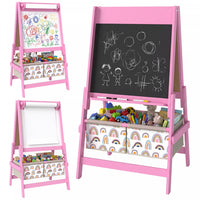 Qaba Art Easel for Kids, 3-in-1 Double-Sided Kids Easel with Chalkboard and Whiteboard, Paper Roll, 2 Storage Bins, Under-Board Shelf, Gift for Boys Girls Ages 3-8, Pink