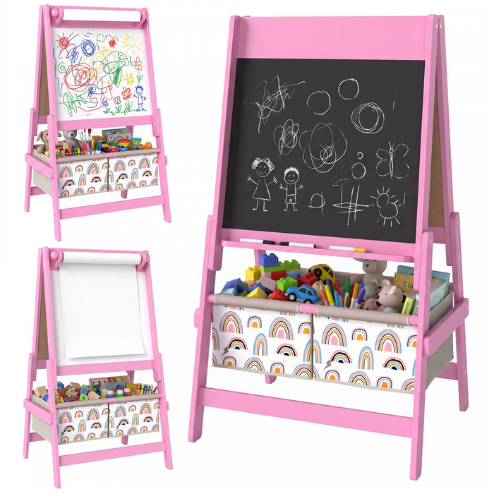 Qaba Art Easel for Kids, 3-in-1 Double-Sided Kids Easel with Chalkboard and Whiteboard, Paper Roll, 2 Storage Bins, Under-Board Shelf, Gift for Boys Girls Ages 3-8, Pink