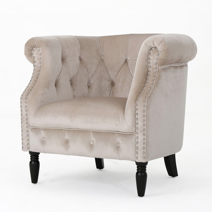 Akira Velvet Fabric Chair With Button Tufted And Nailhead Trim - Champagne