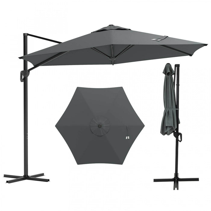 Costway 9 FT Patio Cantilever Umbrella with Sun-Protective Canopy, Top Air Vent Cross Base Gray