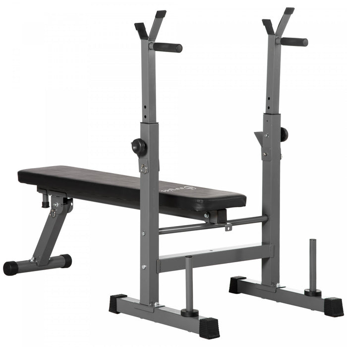 Soozier Adjustable Weight Bench, Foldable Bench Press With Barbell Rack And Dip Station For Home Gym, Strength Training Multiuse Workout Bench, Black And Grey