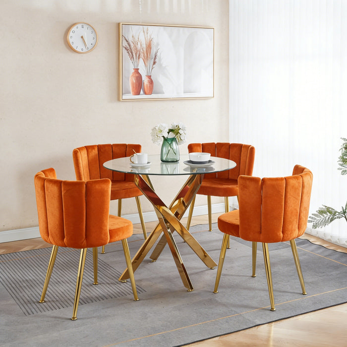 Aiden 5-Piece Dining Set with Glass Table and Velvet Chairs,Orange Dining Room Set