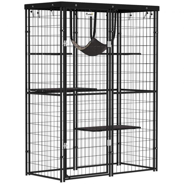 Pawhut Catio Outdoor Cat Enclosure, Weld Wire Outdoor Cat House With Waterproof Cover, 4 Jumping Platforms, Hammock, Cat Cage Indoor For 1-3 Kittens, 46.5\" X 22\" X 62\", Black