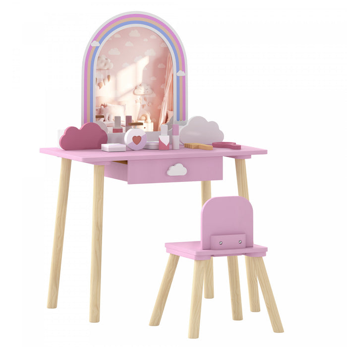 Qaba Kids Vanity Set, Makeup Vanity Table with Mirror and Stool, Storage Drawer, 7-Piece Accessories, Cloud-Design Pretend Makeup Toy for Girls 3-6 Years, Pink