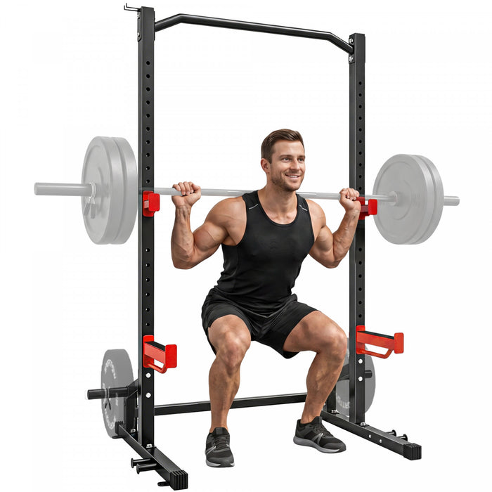 Soozier Power Cage Squat Rack, 1100LB Capacity Power Rack with Pull-Up Bar, Adjustable J-Hooks, Safety Arms, Weight Plate and Barbell Storage for Home Gym Strength Training