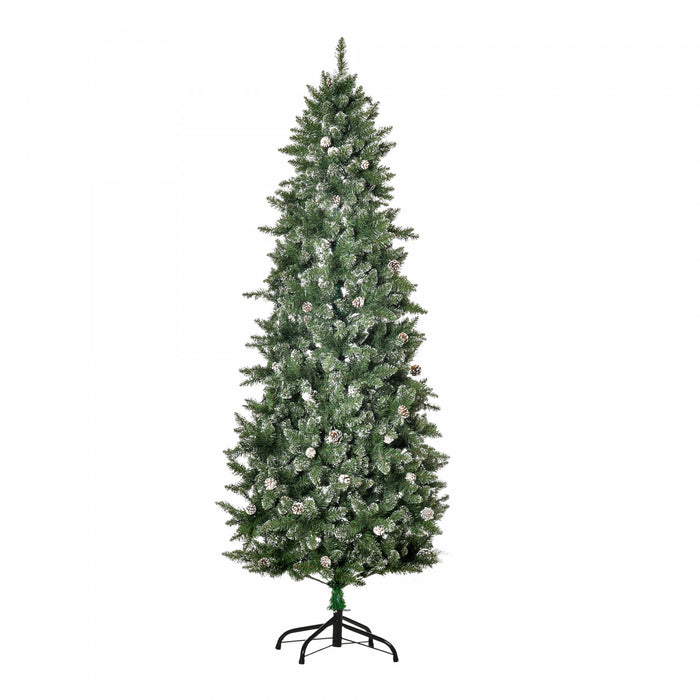 Homcom 7.5ft Flocked Christmas Tree With Pine Cones And Metal Base, Green