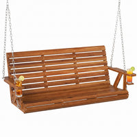 Outsunny 5 FT Wooden Porch Swing 3-Seater with Cupholders, Carbonized
