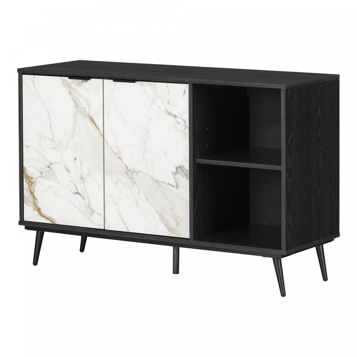 Mezzy 2-door Sideboard With Open Storage - Black Oak And Faux White Marble 