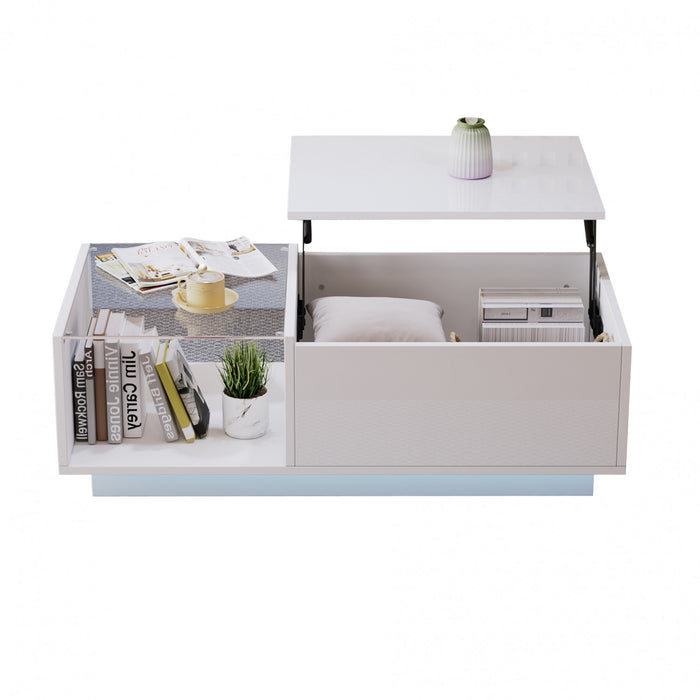 James Lift Up Coffee Table with Hidden Storage and LED Lighting,White