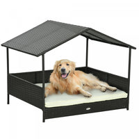 Pawhut Rattan Dog House Outdoor With Shade Canopy, Elevated Wicker Dog Bed With Soft Cushion Washabl