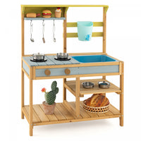 Costway Wooden Play Kitchen Set, Outdoor Kid's Mud Kitchen With Faucet & Water Box