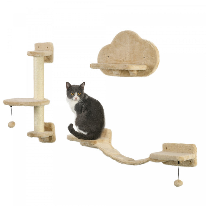 Pawhut Cat Wall Shelf With Scratching Post, Cloud-shaped Jumping Platform, Cat Wall Shelves For Relaxing, Sleeping, Climbing, Cat Wall With Soft Ladder And Play Balls, Beige