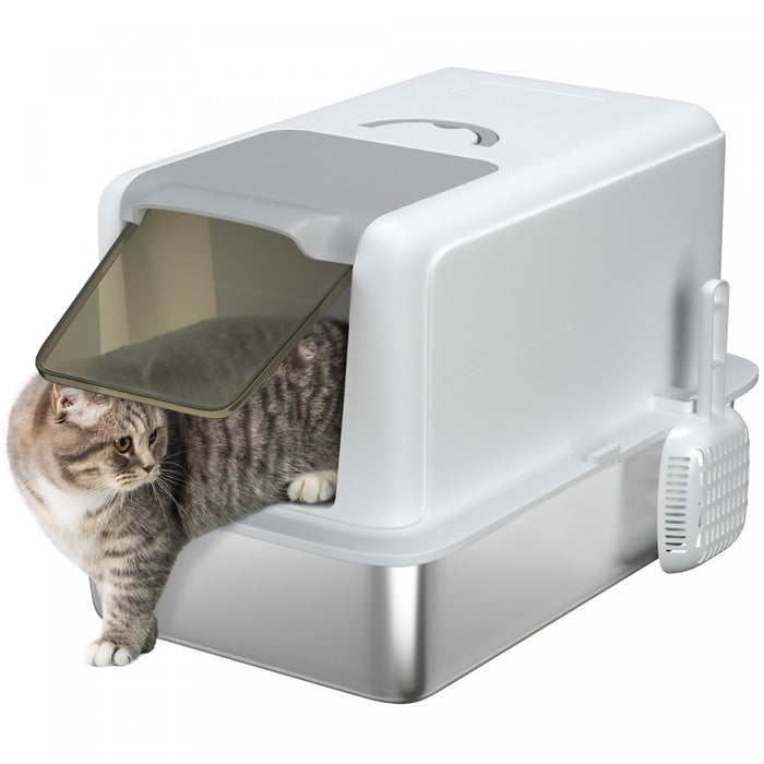 Pawhut Stainless Steel Cat Litter Box With Removable Lid, Extra Large Litter Box With Scoop, Metal Litter Box For Small To Large Cats, Easy To Clean, White