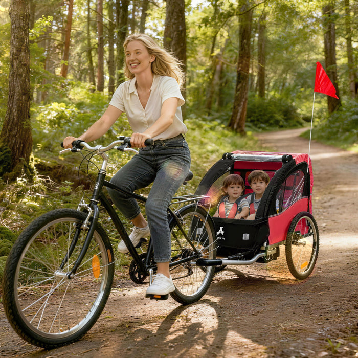 Aosom 2-Seat Bike Trailer for Kids, Baby Bicycle Trailer with Storage Bag, 5-Point Harness, 20\" Rubber Wheels, Safety Flag, Reflectors, Shock Absorber System, for 18+ Months, Red