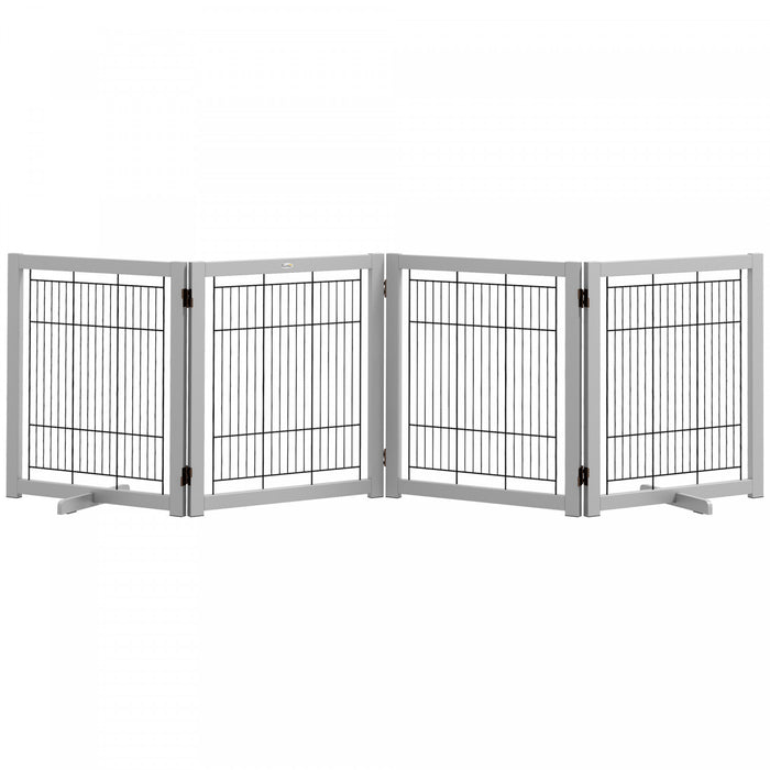 Pawhut Wooden Dog Gate Foldable Pet Fence For Small & Medium Dogs 4 Panel With Support Feet Freestanding Safety Barrier For House Doorway Stairs Light Grey