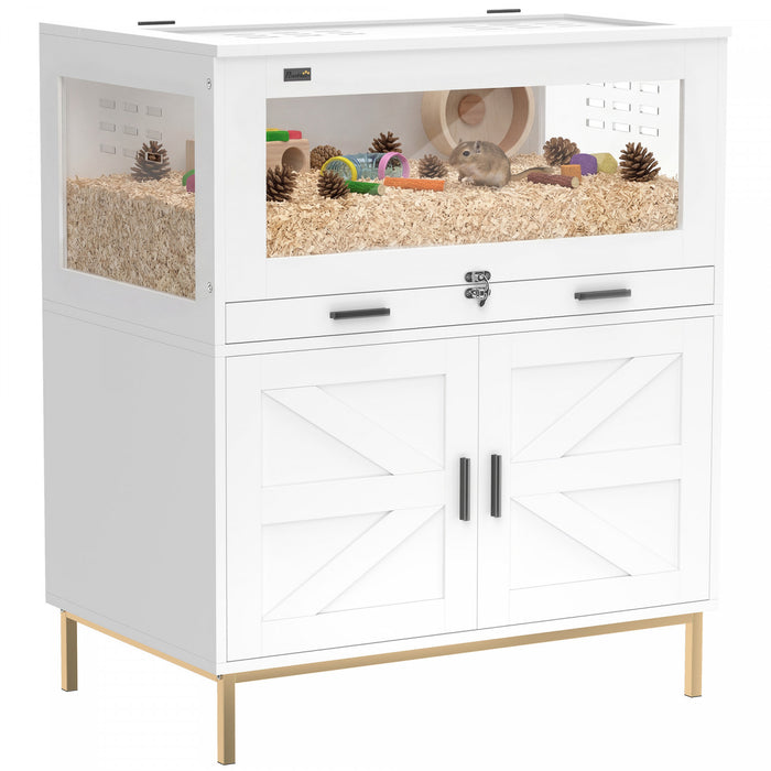 PawHut Hamster Cage with Storage Cabinet, Guinea Pig Cage with Pull Out Drawer and Acrylic Panels, Ventilated Small Animal Habitat for Bunny, Hedgehog, Gerbil, 30\" x 19.5\" x 36\"