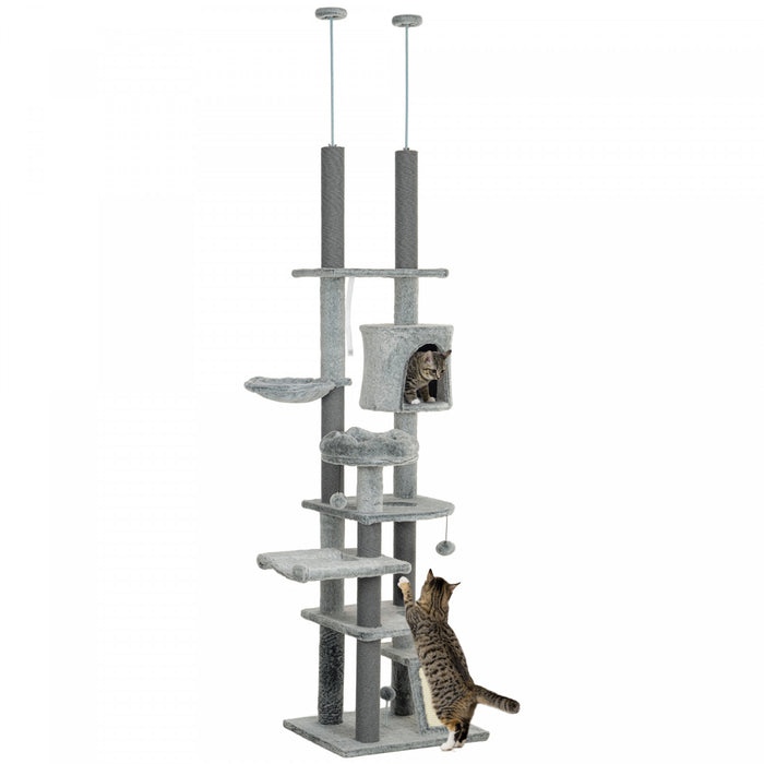 Pawhut Cat Tower For Large Cats Floor To Ceiling Cat Tree For Indoor Cats Adjustable Height 89\" -100\" Multi Levels Cat Climbing Tower With Scratching Posts, Cozy Condo, Ramp