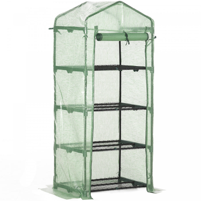 Outsunny 28\" X 20\" X 63\" Portable Greenhouse With 4 Tier Shelves Outdoor Hot House Plant Flower Greenhouse, Steel Frame, Pe Cover, Dark Green