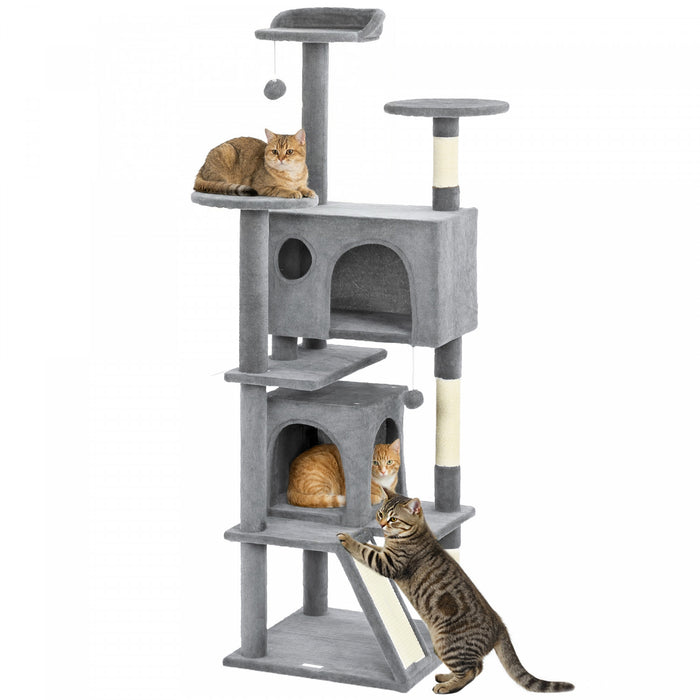 PawHut 63\" Cat Tree, Cat Tower for Indoor Cats with Scratching Posts, Cat Condos, Bed, Platforms, Ramp, Toy Ball, Cat Activity Center, Light Grey